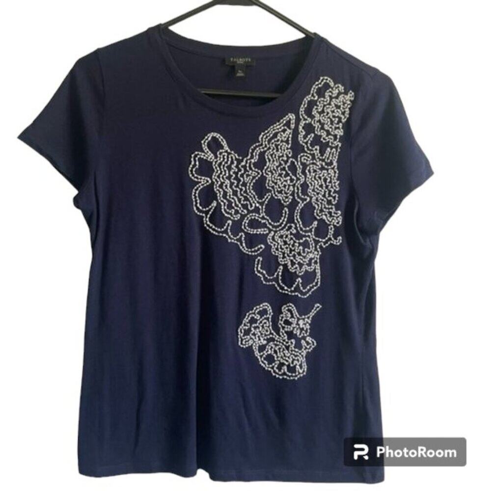 Talbots Crew Neck Top with Beaded Flowers Navy Size Petite Small